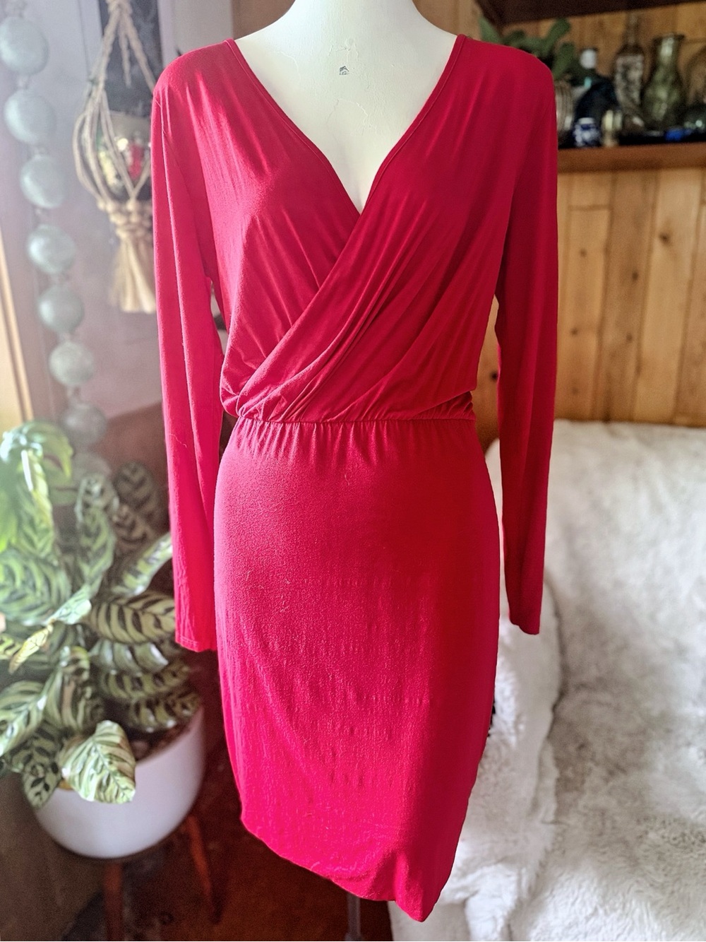 Three Dots Red Surplice Wrap Long Sleeve Dress Large Stretch EUC